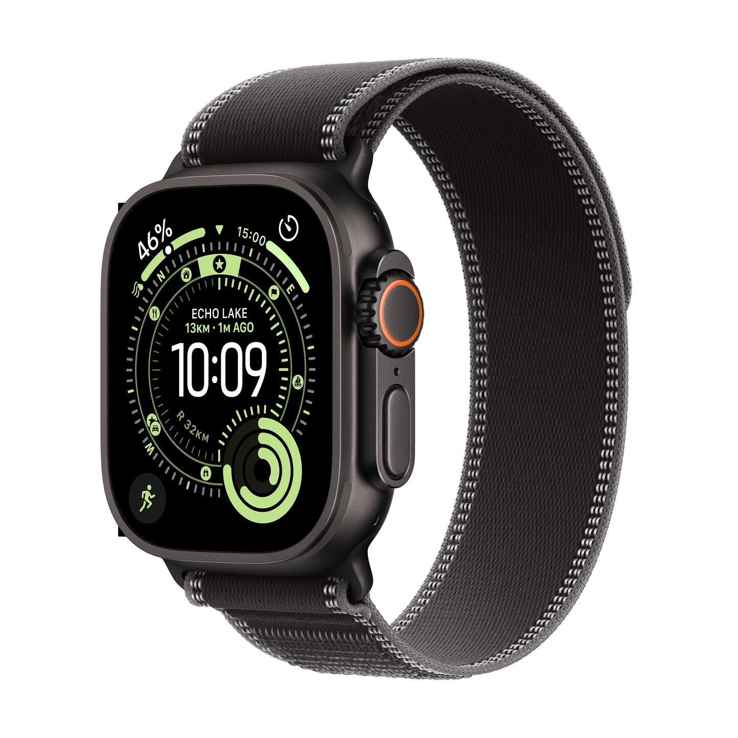 Apple Watch Ultra 3 GPS + Cellular 49mm Gehäuse aus schwarzem Titan mit schwarzem/anthrazitfarbenem Trail Loop – S/M