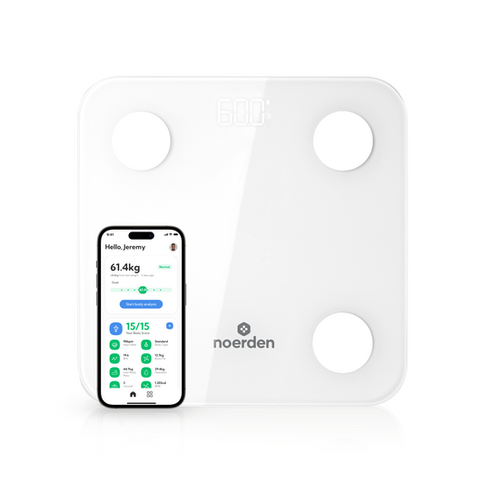 NOERDEN Minimi - Weiß - Intelligente Körperwaage - Bluetooth, LED-Display, gehärtetes Glas, fortschrittliche BIA-Technologie, 4 Präzisionssensoren