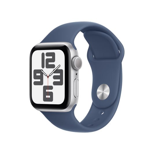 Apple Watch SE GPS 40 mm silbernes Aluminiumgehäuse mit Denimsportarmband – M/L