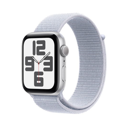 Apple Watch SE GPS, 44 mm, Aluminiumgehäuse Silber mit Sport Loop in Mitternachtsblau