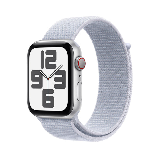 Apple Watch SE GPS + Cellular, 44 mm, silbernes Aluminiumgehäuse mit Sport Loop „Blauer Dunst“