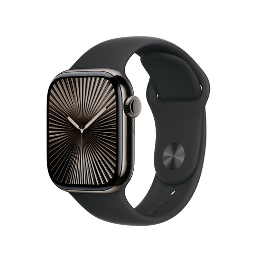 Apple Watch Series 10 GPS + Cellular 42mm Titangehäuse in Schiefergrau mit Sportarmband Schwarz – M/L