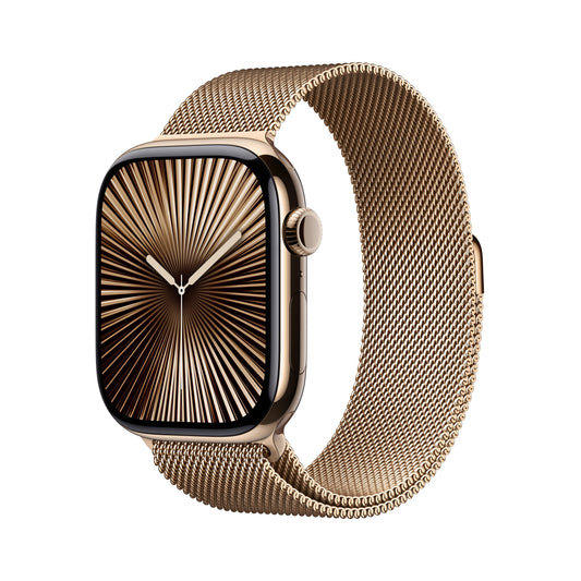 Apple Watch Series 10 GPS + Cellular 46mm Titangehäuse Gold mit goldenem Milanaise Armband – S/M