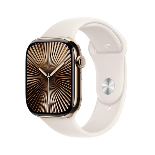 Apple Watch Series 10 GPS + Cellular 46 mm Gehäuse aus Gold-Titan mit Sportarmband in Polarstern – S/M
