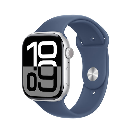 Apple Watch Series 10 GPS + Cellular 46mm Silber Aluminiumgehäuse mit Denim Sportarmband - S/M