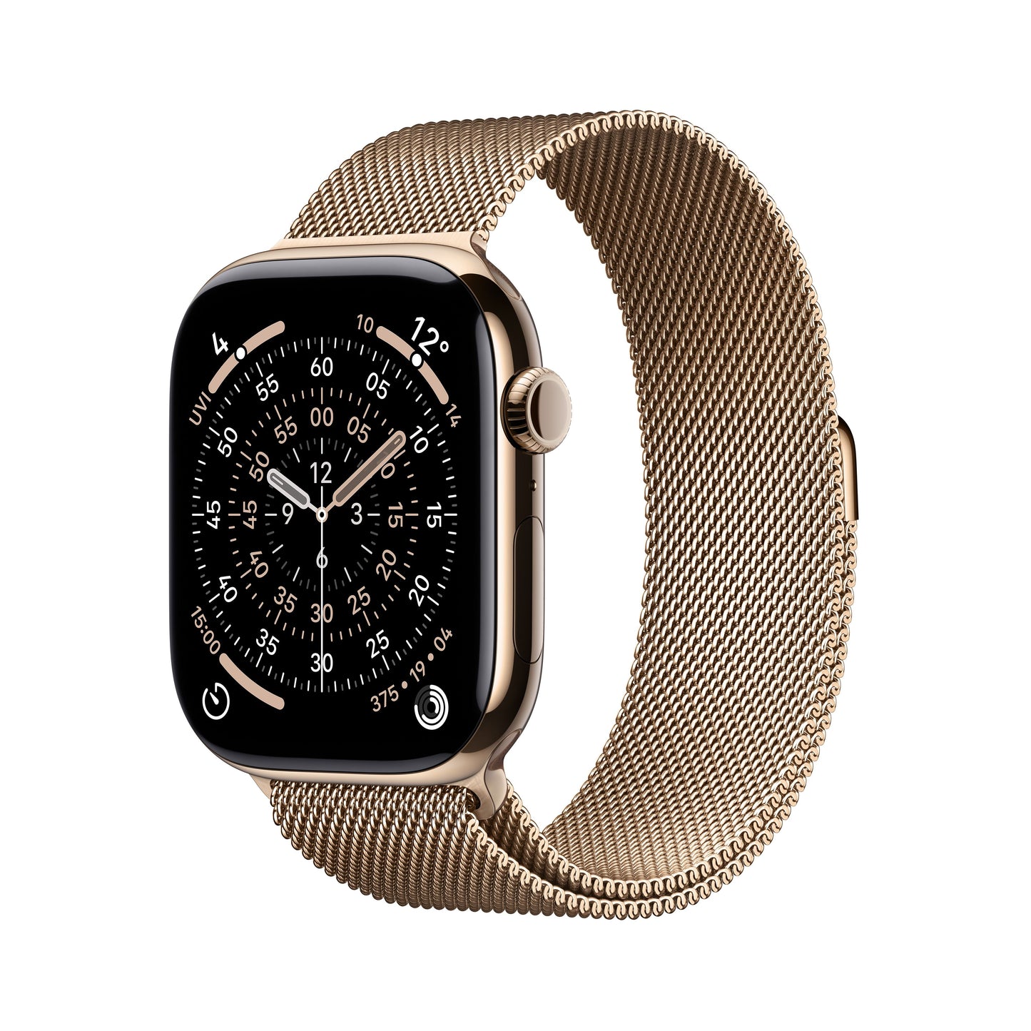 Apple Watch Series 11 GPS + Cellular 46 mm Gehäuse aus goldfarbenem Titan mit milanaisefarbenem Goldarmband – S/M