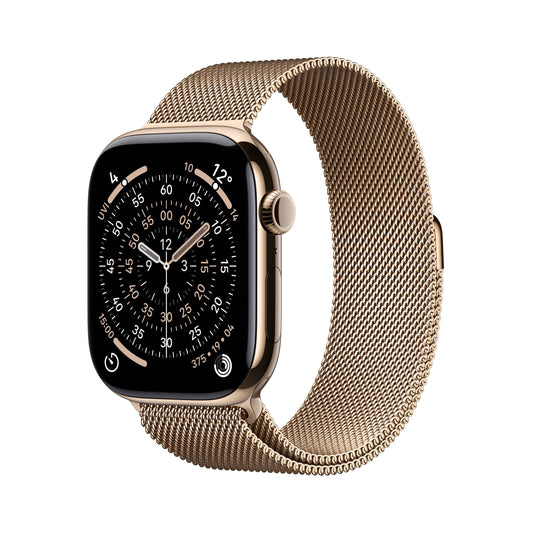 Apple Watch Series 11 GPS + Cellular 46 mm Gehäuse aus goldfarbenem Titan mit milanaisefarbenem Goldarmband – S/M