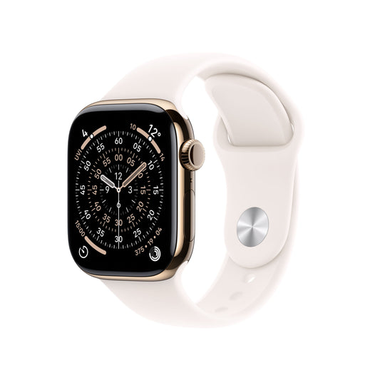 Apple Watch Series 11 GPS + Cellular 42 mm Gehäuse aus Gold Titanium mit Sportarmband in Hellrosa – S/M