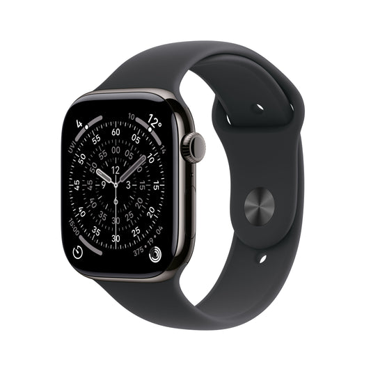 Apple Watch Series 11 GPS + Cellular 46mm Titangehäuse Space Grau mit Sportarmband Schwarz – M/L