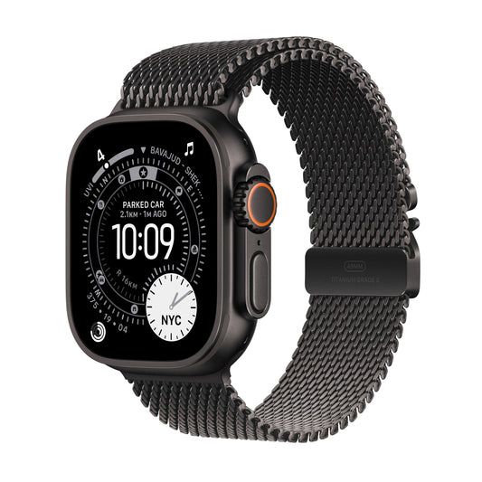 Apple Watch Ultra 3 GPS + Cellular 49mm Gehäuse aus schwarzem Titan mit schwarzem Milanaise-Armband aus Titan – Groß