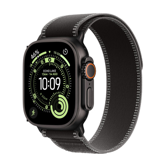 Apple Watch Ultra 3 GPS + Cellular 49mm Gehäuse aus schwarzem Titan mit schwarzem/anthrazitfarbenem Trail Loop – S/M